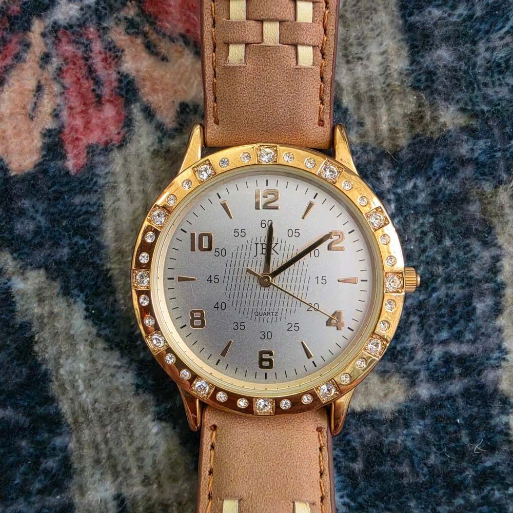 JBK Collection Camrose & Kross Women Watch Gold Tone Crystal Bezel Tan Leather